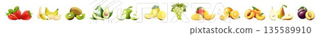 Sweet fruits. Strawberry, banana, kiwi, avocado, apple, lemon, grape, mango, orange, peach, pear, plum isolated on white background. Realistic 3D vector set of fruits. Sweet fruits. Strawberry, banana, kiwi, avocado, apple, lemon, grape, mango, orange, peach, pear, plum isolated on white background. Realistic 3D vector set of fruits. 135589910