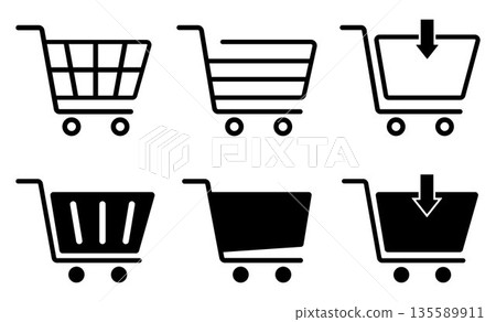 Shopping cart icons set, Supermarket trolley symbol for E-Commerce, Simple flat outline and silhouette design isolated on white background, Vector illustration Shopping cart icons set, Supermarket trolley symbol for E-Commerce, Simple flat outline and silhouette design isolated on white background, Vector illustration 135589911