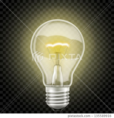 Transparent realistic glowing light bulb,realistic 3D vector, isolated on a transparent background. Electricity. 135589916
