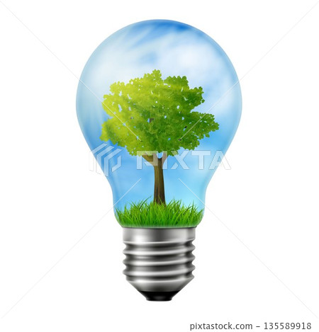 Green tree is growing inside a light bulb, ecology concept, Concept of green energy. Vector 3D realistic illustration. 135589918