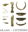 Set of nest, hay and straw from meadow grasses for pets. Hand-drawn watercolor illustration is perfect for Easter cards, pet stores, zoos, forestry design, agriculture, and farms. 135590060