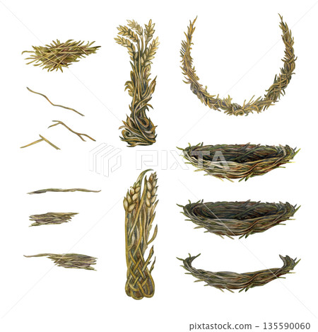 Set of nest, hay and straw from meadow grasses for pets. Hand-drawn watercolor illustration is perfect for Easter cards, pet stores, zoos, forestry design, agriculture, and farms. Set of nest, hay and straw from meadow grasses for pets. Hand-drawn watercolor illustration is perfect for Easter cards, pet stores, zoos, forestry design, agriculture, and farms. 135590060