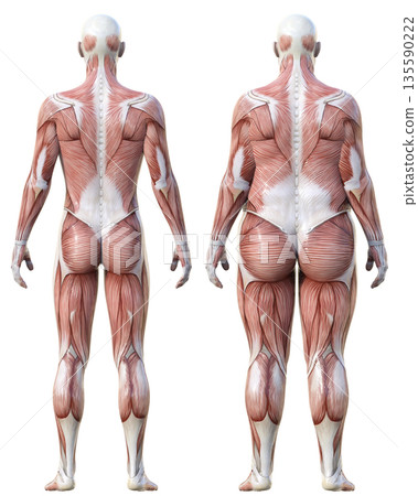肌肉解剖圖：肥胖男性解剖模型與瘦弱男性解剖標本比較圖，全身背視圖 135590222