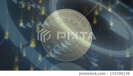 Silver NFT coin floating in dark backdrop, cascading glowing currency symbols and triangular arrows Silver NFT coin floating in dark backdrop, cascading glowing currency symbols and triangular arrows 135590236