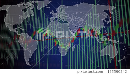 Displaying global market charts on trading display, with map outlines and candlestick bars Displaying global market charts on trading display, with map outlines and candlestick bars 135590242