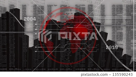 Displaying red overlay with hexagonal nodes, bars over world map, with timeline from 2004 to 2019 Displaying red overlay with hexagonal nodes, bars over world map, with timeline from 2004 to 2019 135590243