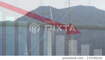 Faded bar chart, red arrow showing decline at waterfront, tracing purple points over sailboat masts Faded bar chart, red arrow showing decline at waterfront, tracing purple points over sailboat masts 135590282