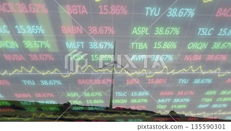 Displaying wind turbine standing under clouds, yellow line graph and ticker symbols over grid lines Displaying wind turbine standing under clouds, yellow line graph and ticker symbols over grid lines 135590301