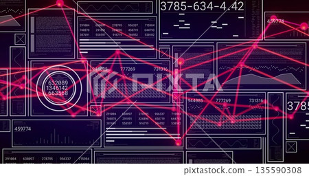 Displaying dashboard with numeric readouts, charts and glowing pink nodes in interface 135590308