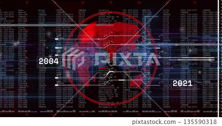 Displaying red world map encircled by HUD target on virtual dashboard, with timeline years and code Displaying red world map encircled by HUD target on virtual dashboard, with timeline years and code 135590318