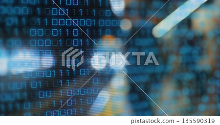 Displaying binary code overlay flickering on abstract interface, featuring rows of blue digits Displaying binary code overlay flickering on abstract interface, featuring rows of blue digits 135590319
