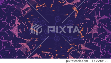Displaying central user node glowing in digital interface, with neon blue lines, pink orange trails Displaying central user node glowing in digital interface, with neon blue lines, pink orange trails 135590320