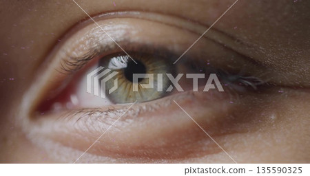 Single eye showing hazel iris and pupil in studio close-up with softbox reflection and skin detail 135590325