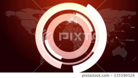 HUD rings spinning on red displaying dotted map markers labeling Spain India Chi Japan Philippine HUD rings spinning on red displaying dotted map markers labeling Spain India Chi Japan Philippine 135590326