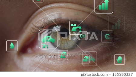 Human eye receiving AR overlay in interface, water droplet CO? faucet electric car financial icons 135590327