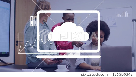 Collaborating businesswomen reviewing laptop in office, with coffee cup and cloud computing overlay Collaborating businesswomen reviewing laptop in office, with coffee cup and cloud computing overlay 135590342