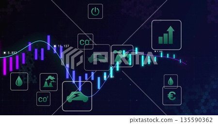 Displaying glowing bar and line chart on digital dashboard interface, with icon overlays Displaying glowing bar and line chart on digital dashboard interface, with icon overlays 135590362