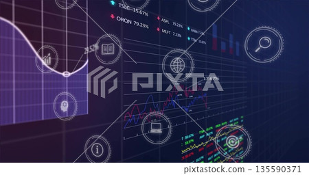 Displaying central line chart at virtual dashboard with circular icons and percentage indicators Displaying central line chart at virtual dashboard with circular icons and percentage indicators 135590371