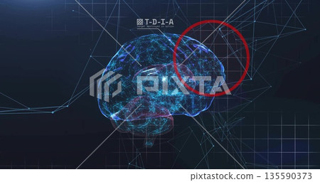 Floating wireframe brain on UI showing triangular mesh or grid highlighting red hemisphere, TDIA lab Floating wireframe brain on UI showing triangular mesh or grid highlighting red hemisphere, TDIA lab 135590373