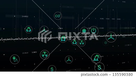 Displaying central white dotted trend line on dark data dashboard, with green circular energy icons Displaying central white dotted trend line on dark data dashboard, with green circular energy icons 135590380