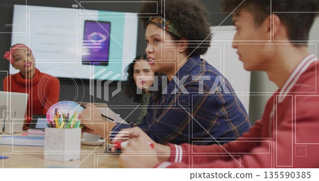 Speaking woman wearing plaid shirt presenting in meeting room, with screen showing app interface Speaking woman wearing plaid shirt presenting in meeting room, with screen showing app interface 135590385