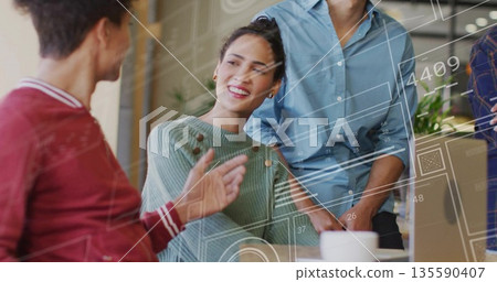 Brainstorming woman in green sweater guiding team in office meeting, with digital overlays and mug Brainstorming woman in green sweater guiding team in office meeting, with digital overlays and mug 135590407