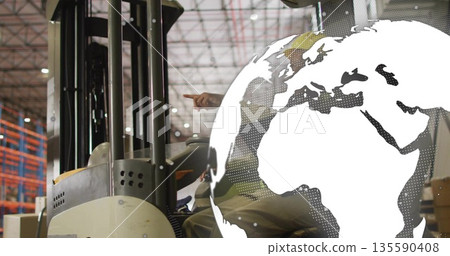 Discussing warehouse operations workers in vests by forklift pointing at racks, with globe overlay Discussing warehouse operations workers in vests by forklift pointing at racks, with globe overlay 135590408