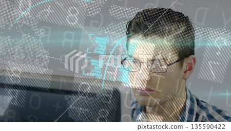 Analyzing worker wearing shirt typing on PC at office desk showing holographic data, copy space Analyzing worker wearing shirt typing on PC at office desk showing holographic data, copy space 135590422
