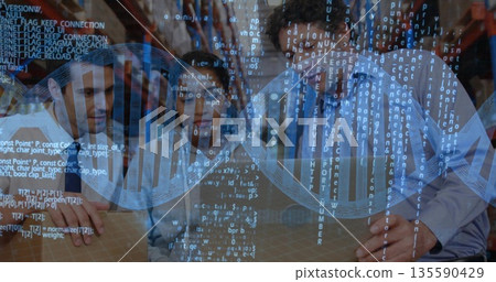 Huddling three researchers examining wooden table in research archive with code overlay and helix 135590429
