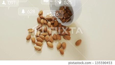 Spilling whole almonds across cream table in kitchen, with ceramic bowl and floating notifications Spilling whole almonds across cream table in kitchen, with ceramic bowl and floating notifications 135590453