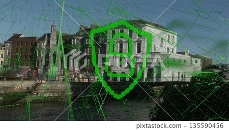 Overlaying shield emblem with stylized B hovering above riverside quay, with digital network grid 135590456