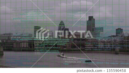 Displaying London skyline above River Thames, with white boat, cargo ship, green grid and code text 135590458