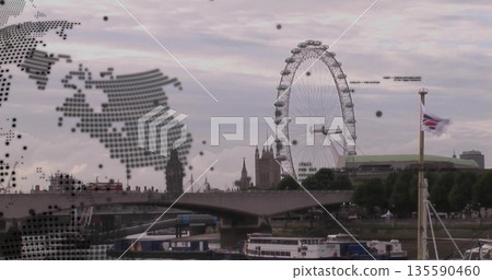 London Eye spinning along Thames, with bridge, map overlay and Union Jack flag, copy space London Eye spinning along Thames, with bridge, map overlay and Union Jack flag, copy space 135590460