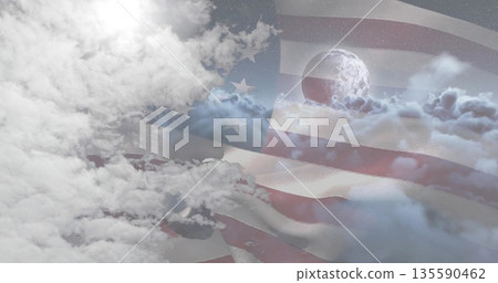 Waving American flag stretching across digital sky composite, with moon layered clouds stars Waving American flag stretching across digital sky composite, with moon layered clouds stars 135590462