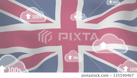 Displaying Union Jack flag uploading data in digital graphic with cloud icons and percentage labels 135590467
