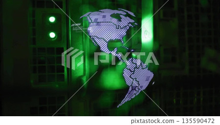 Displaying purple striped map outline at center in server rack with green LEDs and gridded panels 135590472