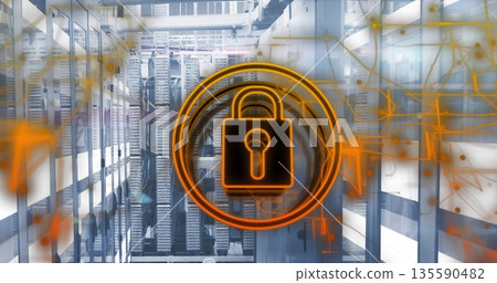Displaying orange padlock icon with network node lines hovering in data center, with server racks 135590482