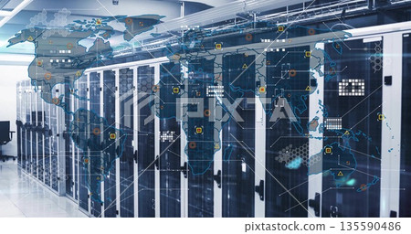Showing cabinets with network racks and patch cabling overhead in data center digital map overlay 135590486