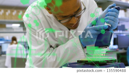 Pipetting technician wearing glasses loading 96-well microplate at lab bench with pipette Pipetting technician wearing glasses loading 96-well microplate at lab bench with pipette 135590488