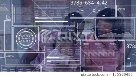Family of three reviewing data in office, with transparent digital interface and handheld device Family of three reviewing data in office, with transparent digital interface and handheld device 135590495