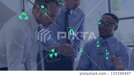 Discussing experts in shirts,ties reviewing holographic CO2 recycling wind turbine icons in office Discussing experts in shirts,ties reviewing holographic CO2 recycling wind turbine icons in office 135590497