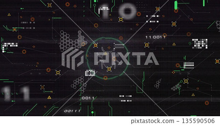 Highlighting bug icon pulsing within green scan indicator on grid, with binary code fragments Highlighting bug icon pulsing within green scan indicator on grid, with binary code fragments 135590506