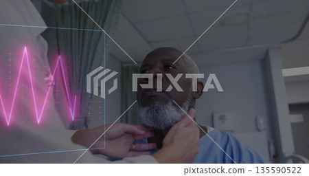 Examining doctor palpating patient's neck in exam room, with lab coat and pink waveform display Examining doctor palpating patient's neck in exam room, with lab coat and pink waveform display 135590522
