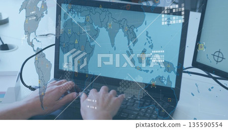 Typing hands in long-sleeve shirt pressing laptop keys on office desk, with monitor, cable, holder Typing hands in long-sleeve shirt pressing laptop keys on office desk, with monitor, cable, holder 135590554