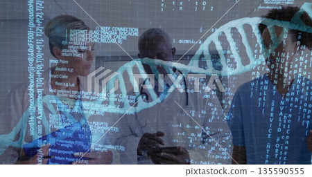 Analyzing DNA with code overlay doctors in lab coat, stethoscope consulting smartphone in corridor 135590555