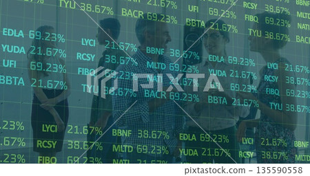 Discussing stock data five colleagues holding eyeglasses and papers in office, with ticker overlay Discussing stock data five colleagues holding eyeglasses and papers in office, with ticker overlay 135590558