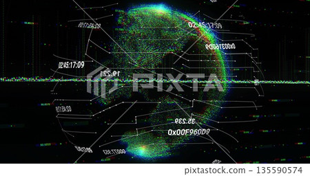 Displaying digital globe rotating in holographic display, with connecting nodes and hex codes 135590574
