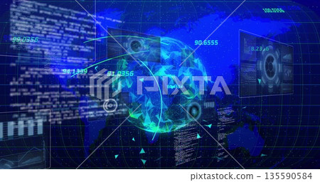 Rotating holographic globe over blue grid map, displaying code, numeric readouts and radar graphics Rotating holographic globe over blue grid map, displaying code, numeric readouts and radar graphics 135590584