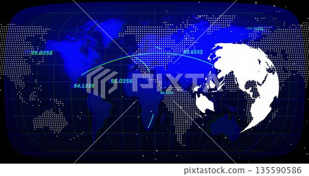Displaying map in data dashboard with grid, dots, silhouette, numeric labels, teal arcs, copy space Displaying map in data dashboard with grid, dots, silhouette, numeric labels, teal arcs, copy space 135590586
