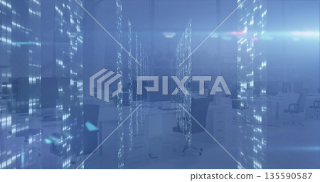 Streaming blue data columns overlaying open-plan office with glass panels and workstations Streaming blue data columns overlaying open-plan office with glass panels and workstations 135590587
